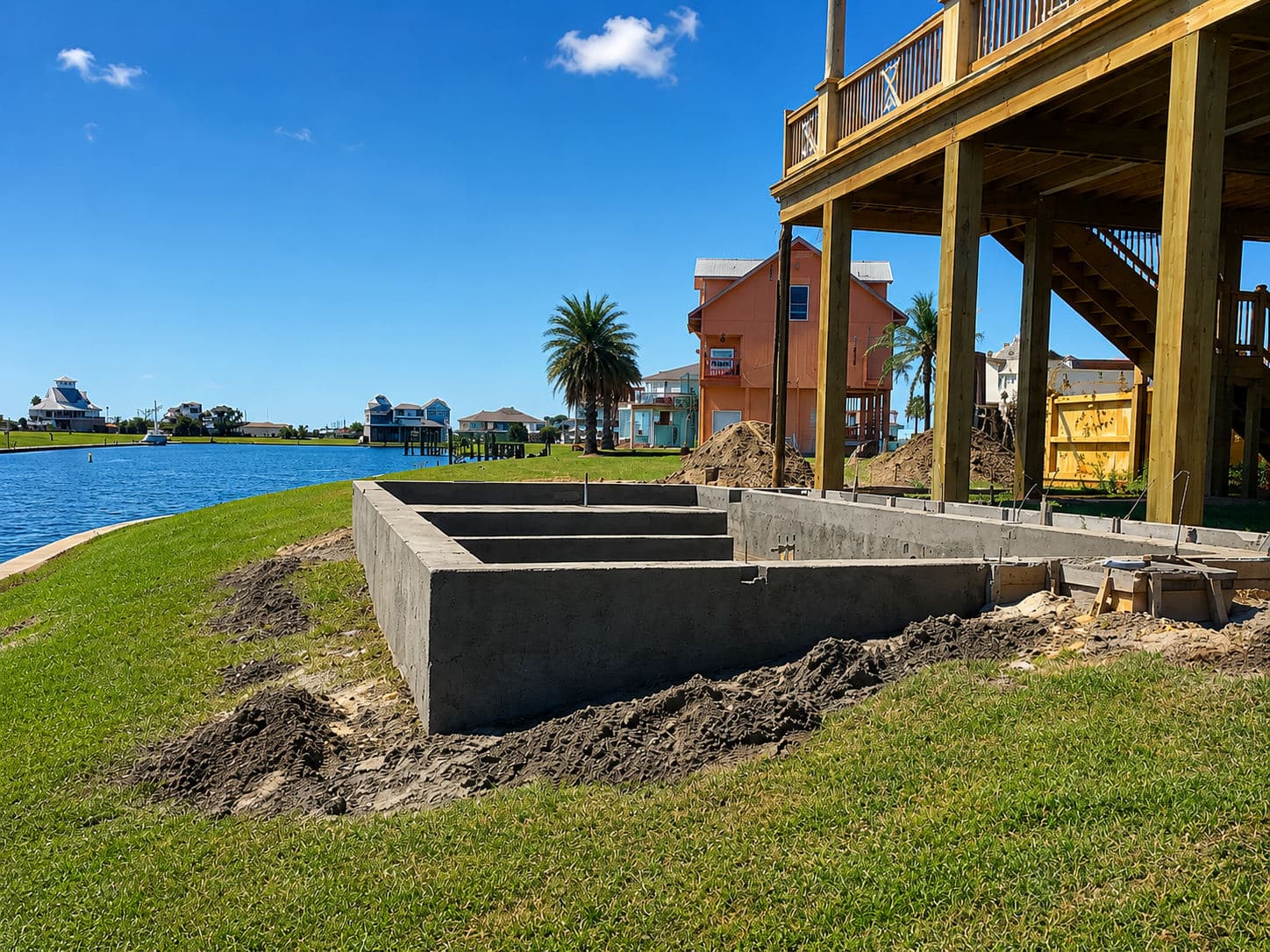 Clean concrete pool foundation forms at a waterfront elevated Gulf Coast home, with the canal and neighboring houses behind